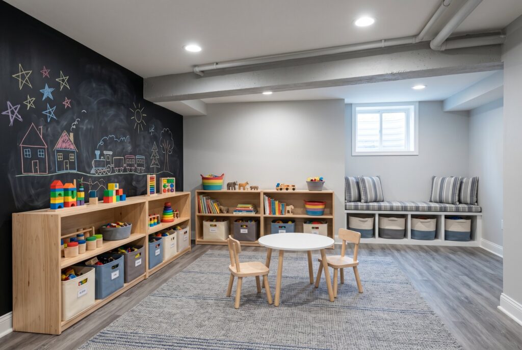 Kids play lounge with chalkboard wall, toy storage, and washable flooring.