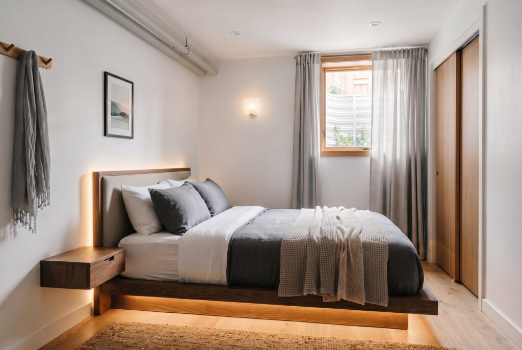 Low profile platform bed with underlighting in modern basement guest bedroom.