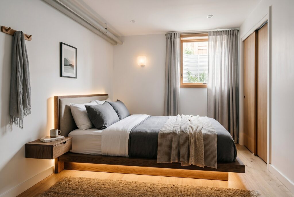 Low profile platform bed with underlighting in modern basement guest bedroom.