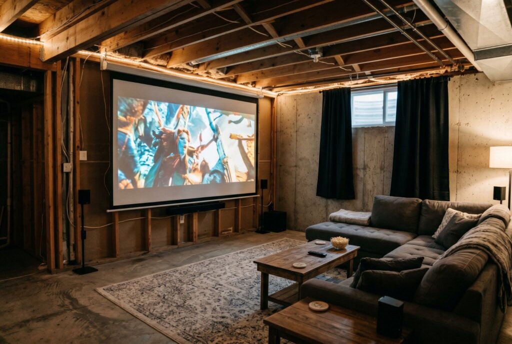 Drop down projector screen in basement home theater with sofa and blackout curtains.