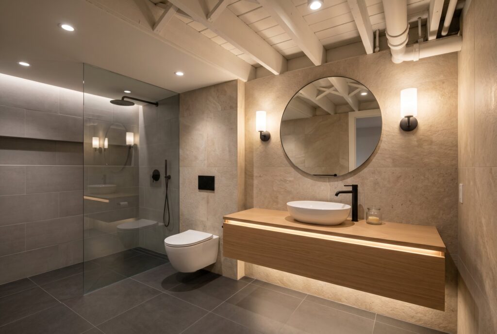 Layered basement bathroom lighting with wall sconces, recessed LEDs, and floating vanity.