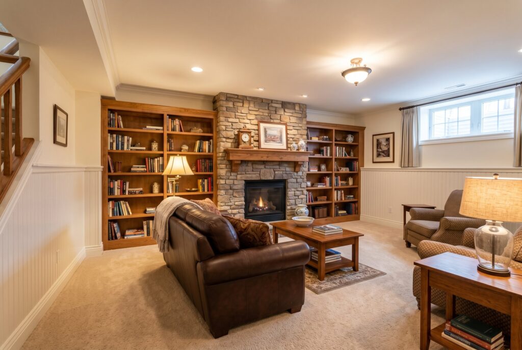Traditional basement family room with fireplace, built in bookshelves, and warm carpeting.