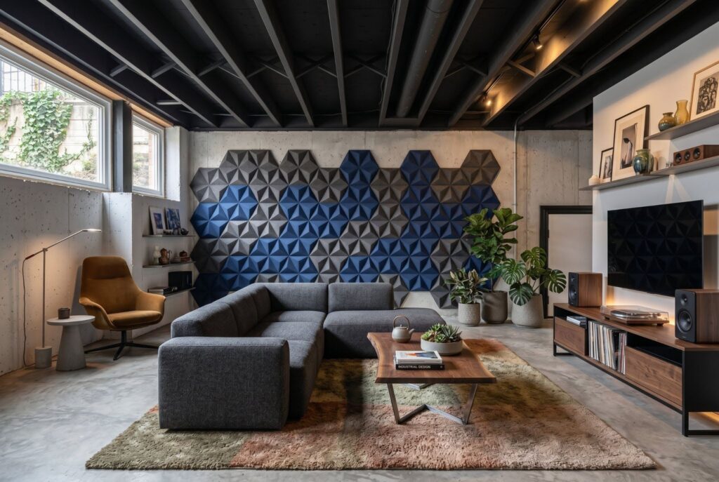 Acoustic foam wall panels in basement media room with sectional sofa and TV. 