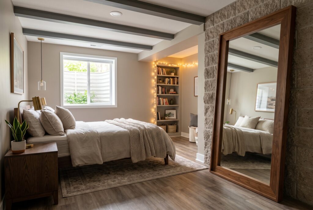 Oversized floor mirror reflecting natural light in a bright and spacious basement bedroom.