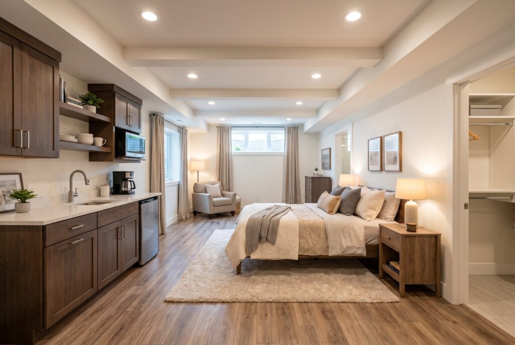 Multi generational basement guest suite with bedroom, kitchenette, and cozy seating area.