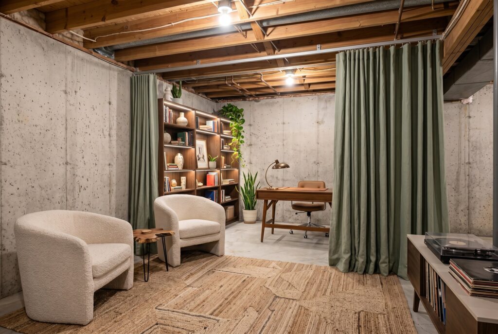 Linen curtain room divider concealing storage shelves and utility zone in basement.
