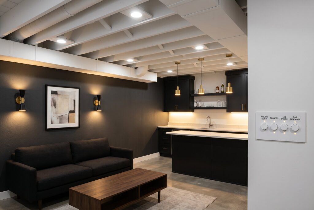 Multi zone dimmer controls managing layered basement lighting and bar illumination.