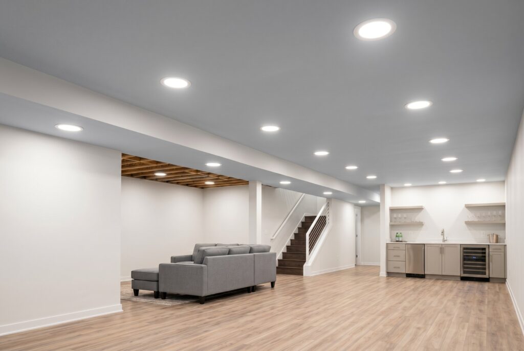 Bright finished basement illuminated with 4000K daylight LED ceiling lights.