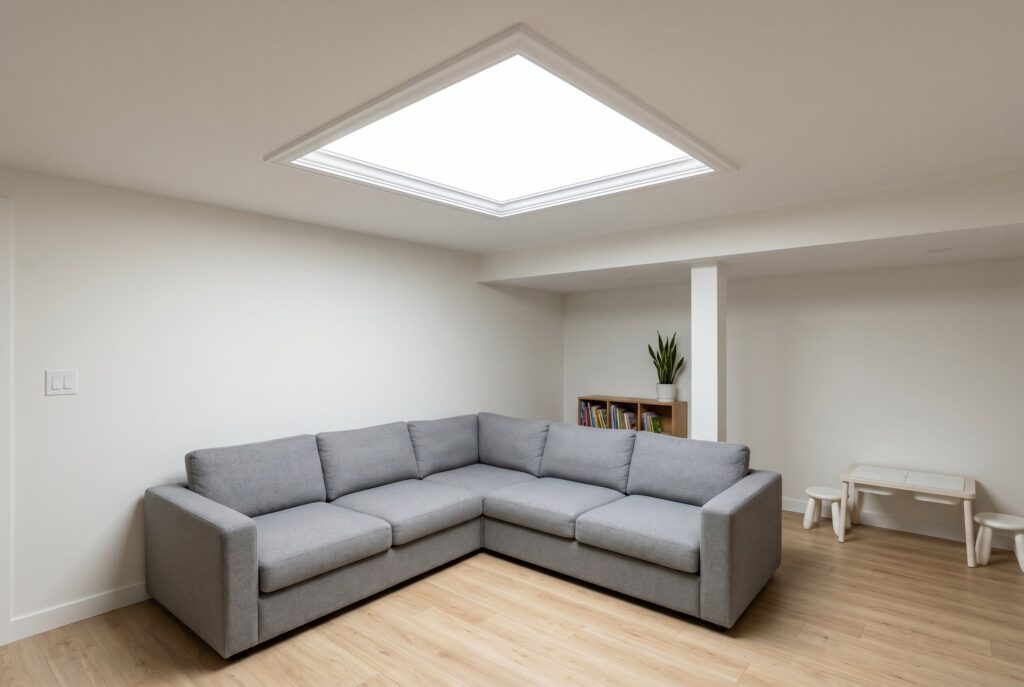 Faux skylight ceiling panel above large sectional sofa in finished basement lounge.
