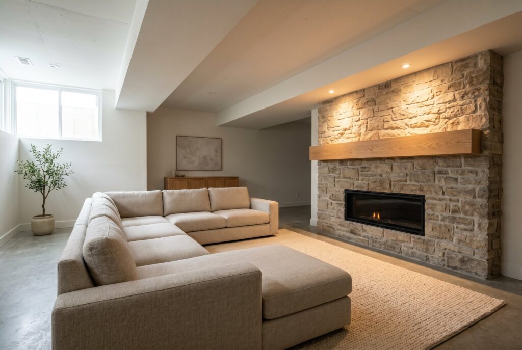 Minimalist fireplace wall with recessed accent lighting and large sectional sofa.
