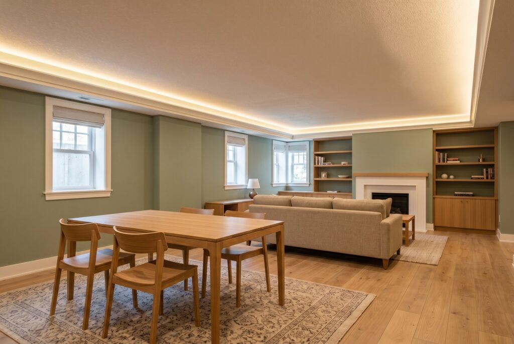 Perimeter cove lighting creating floating ceiling effect in modern basement living room.