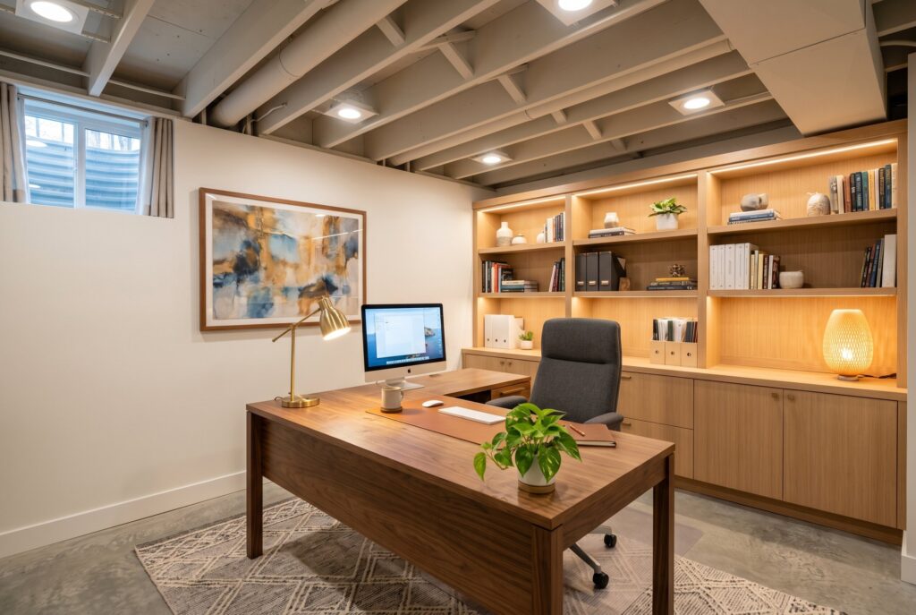 Quiet basement home office with built in shelving, wood desk, and layered task lighting.