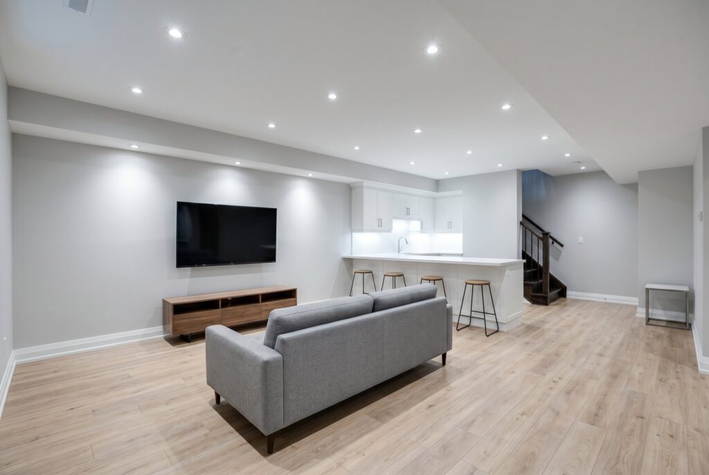 Ultra thin LED wafer lights illuminating a bright open concept finished basement.
