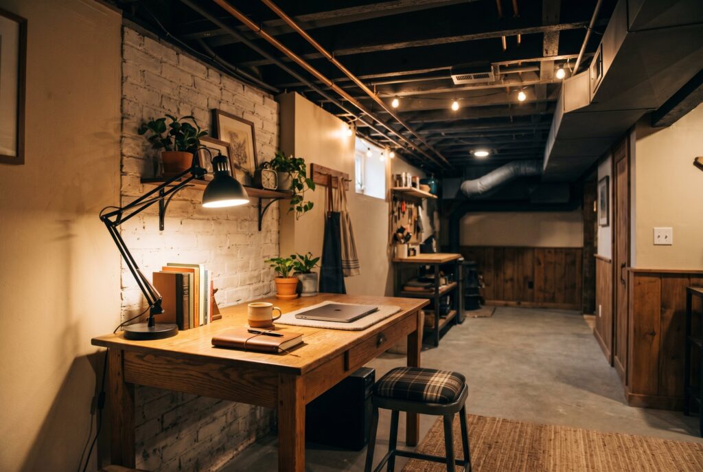 Task lighting enhances basement functionality while shifting attention away from exposed pipes, ducts, and beams overhead.