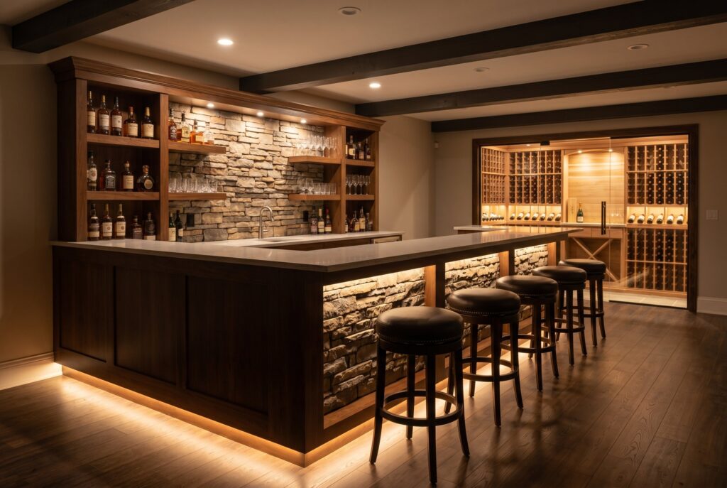 Basement bar with toe kick lighting beneath cabinetry and illuminated shelving.
