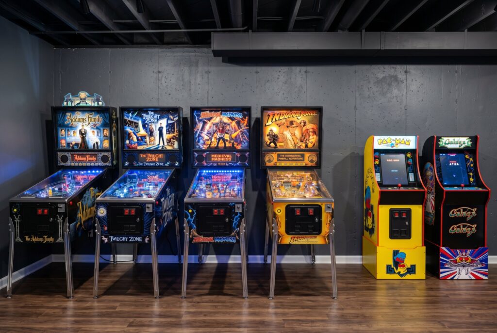 Retro arcade and pinball corner with classic arcade cabinets and dark industrial ceiling.