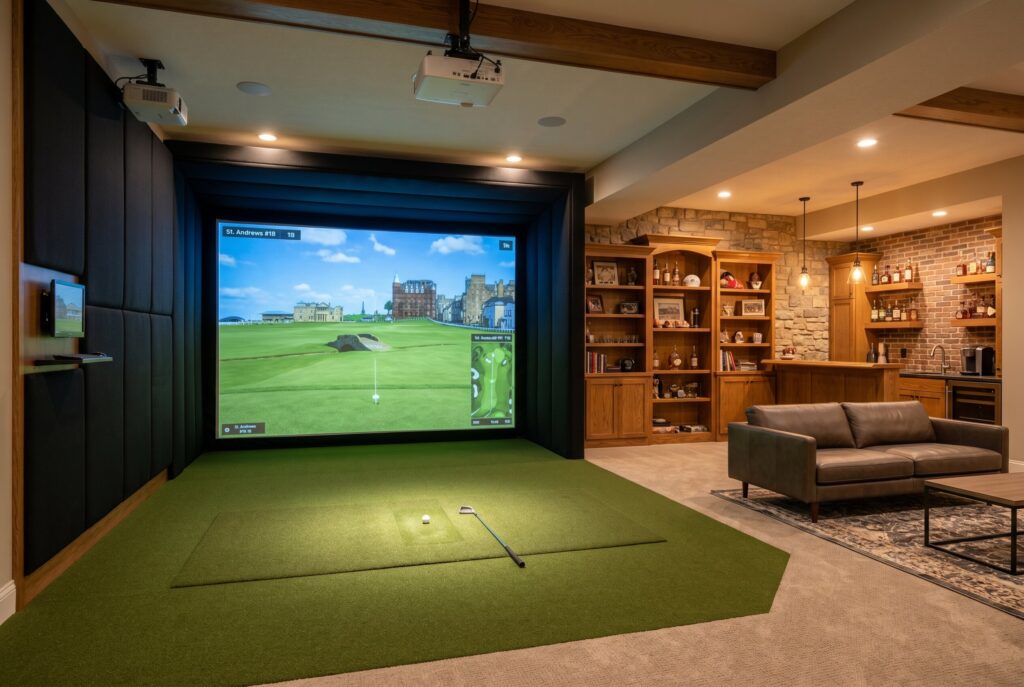 Indoor golf simulator room with turf flooring, projector screen, and lounge seating.