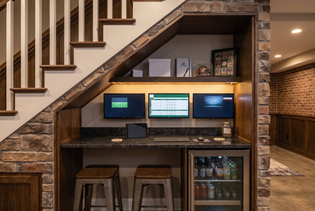 Under stair sports betting hub with multiple monitors, stone counter, and beverage fridge.
