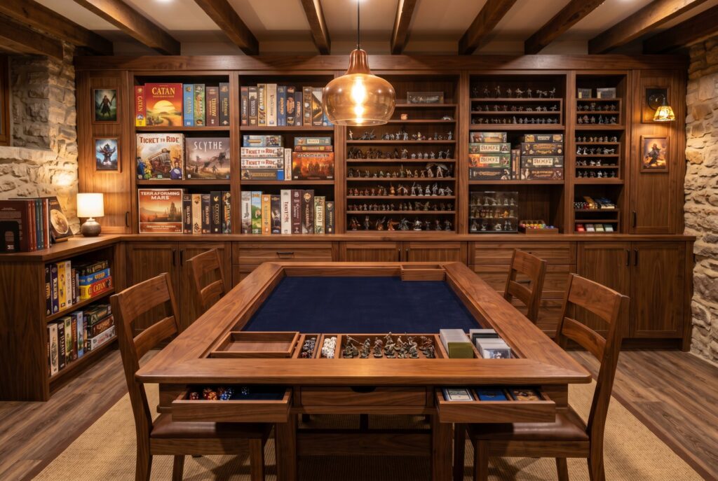 Tabletop gaming tavern with large walnut game table and built in board game storage.
