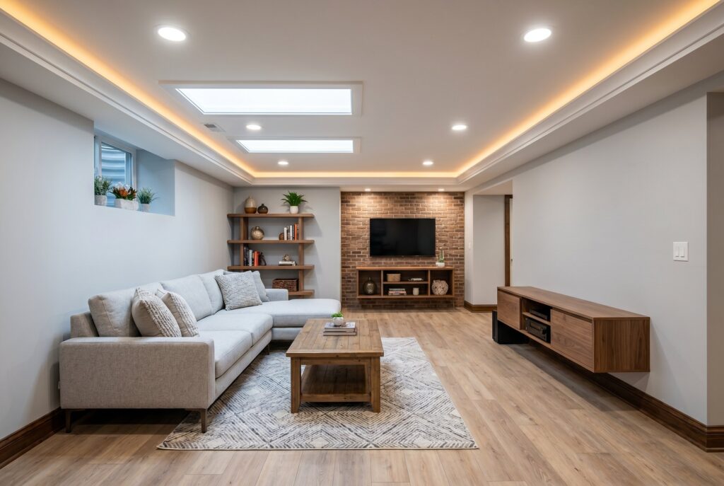 Basement family room with circadian rhythm lighting and recessed faux skylight ceiling.