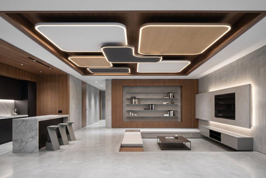 Floating ceiling cloud panels with perimeter lighting in luxury basement lounge.