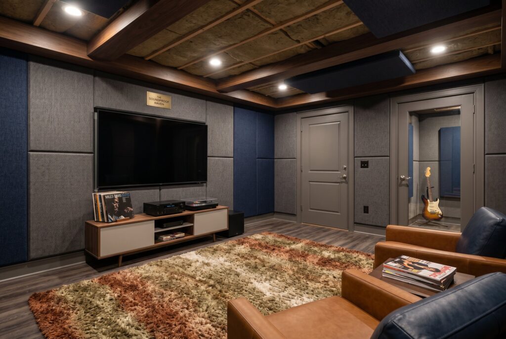 Soundproof basement media room with acoustic wall panels, area rug, and dark finishes.