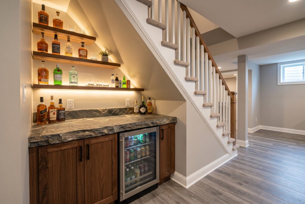 Compact basement lounge with built in bench seating and neutral textured finishes.