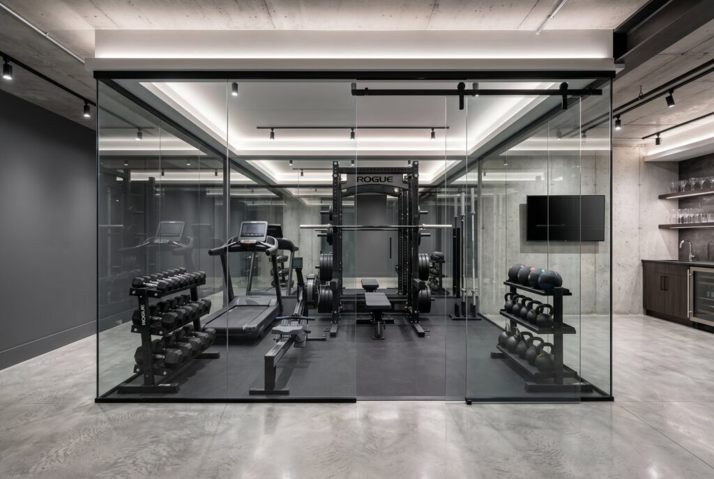 Glass enclosed home gym with strength equipment and transparent partitions.