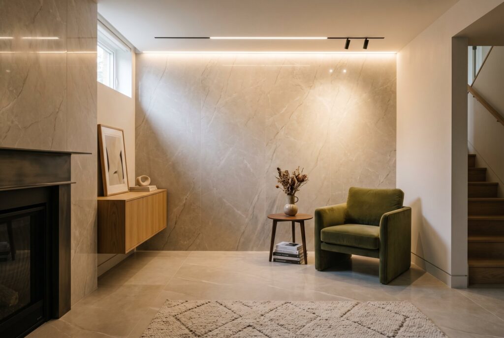 Large format porcelain slab walls and flooring in luxury minimalist basement lounge.