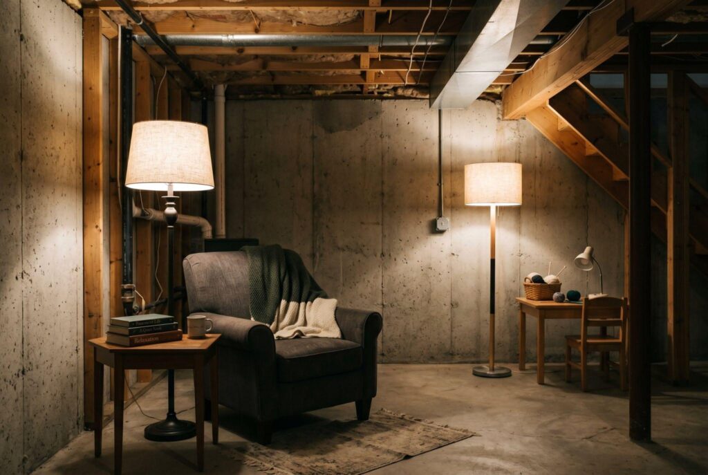 Warm glow floor lamps illuminating unfinished basement lounge with soft ambient lighting.