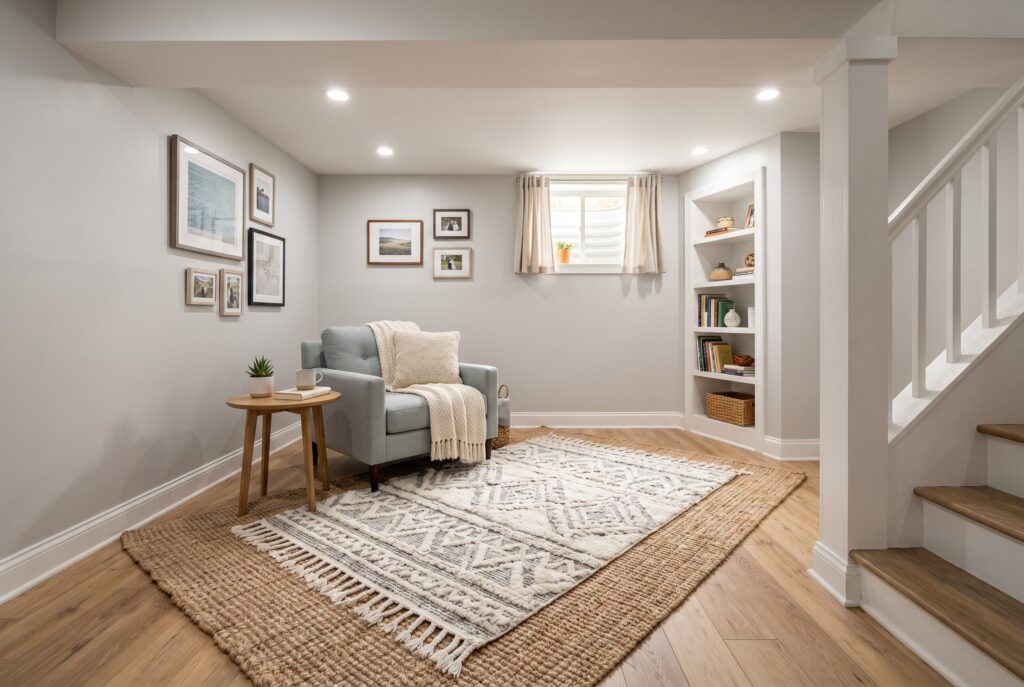 Floor to ceiling walnut built in storage with open shelving and closed cabinets.