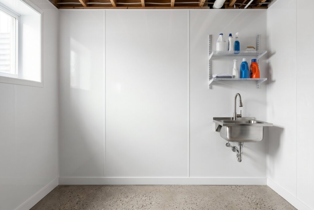 Glossy FRP wall panels in basement utility room with sink and storage shelving. 