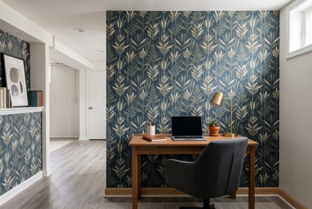 Peel and stick fabric wallpaper accent wall in basement home office workspace. 