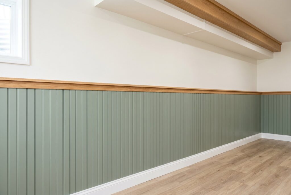 Sage green beadboard wall panels with oak cap rail beneath sloped basement ceiling. 