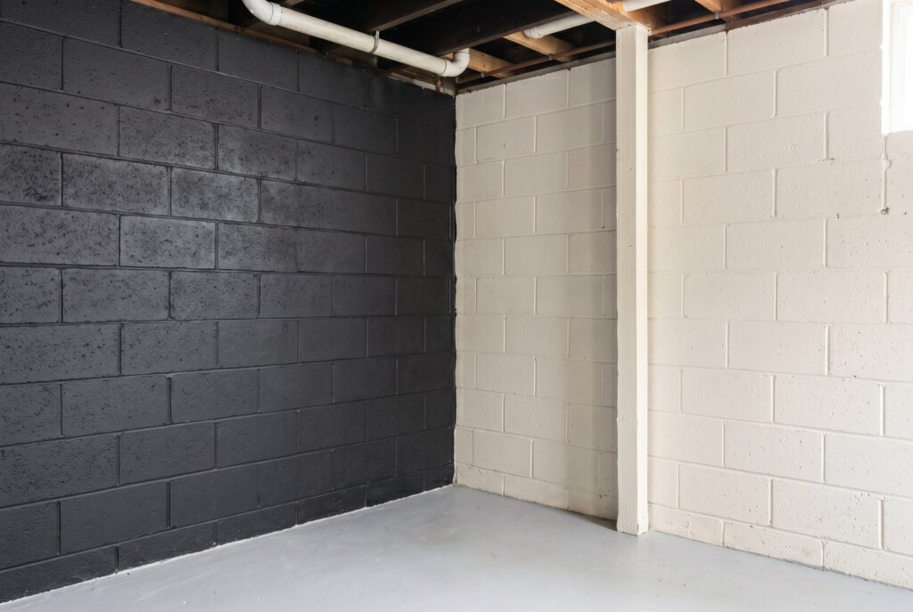 Painted concrete block basement walls in matte black and warm white finishes. 