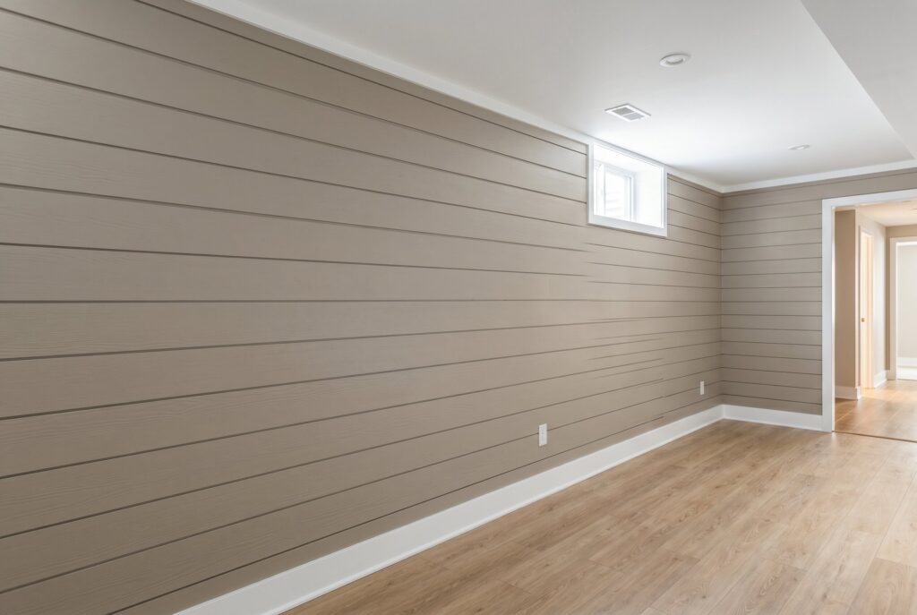 Taupe shiplap basement wall with light flooring and modern farmhouse styling. 
