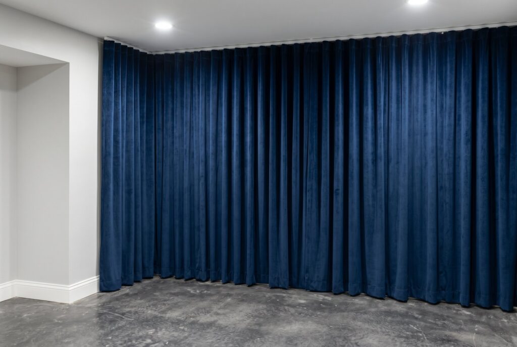 Floor to ceiling navy curtains concealing unfinished basement wall surfaces. 