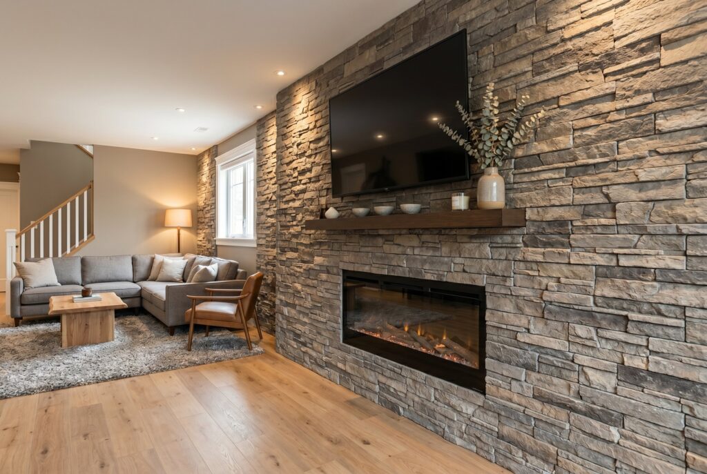 Faux stone panel fireplace wall with TV mount and modern basement lounge. 
