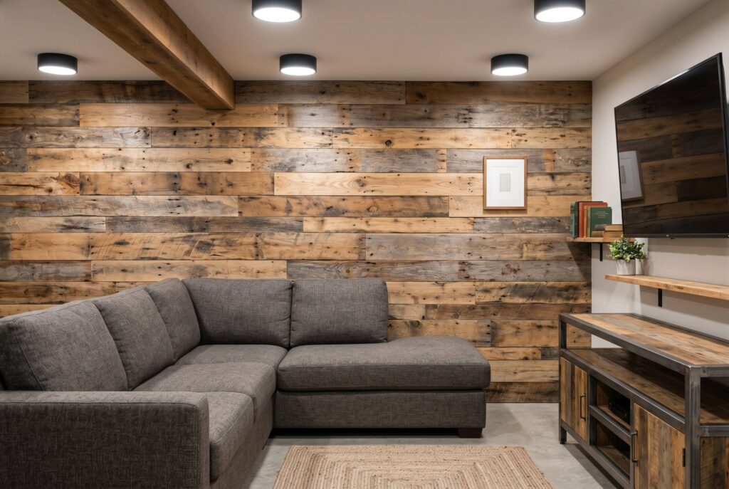 Reclaimed pallet wood feature wall behind sectional sofa in rustic basement lounge. 