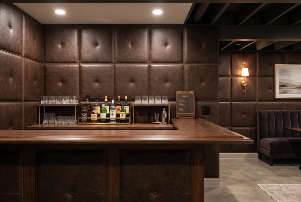Upholstered faux leather wall panels behind basement bar creating luxury lounge atmosphere. 