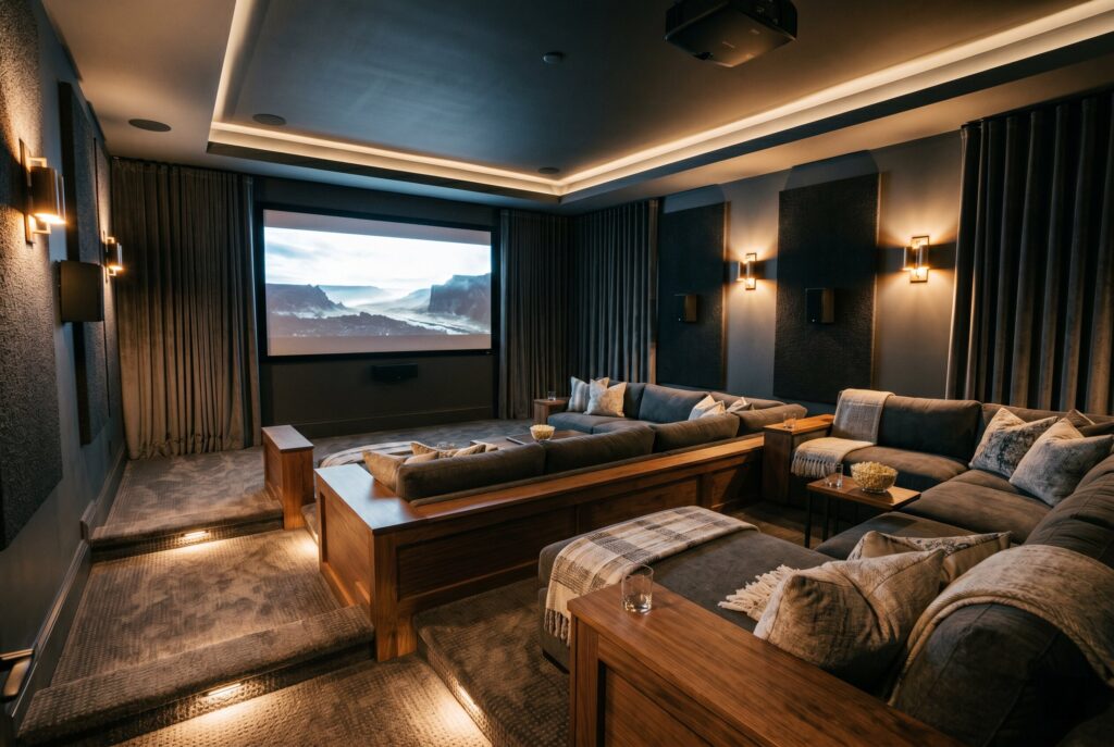 Basement home theater with staggered seating, projector screen, and moody ambient lighting.