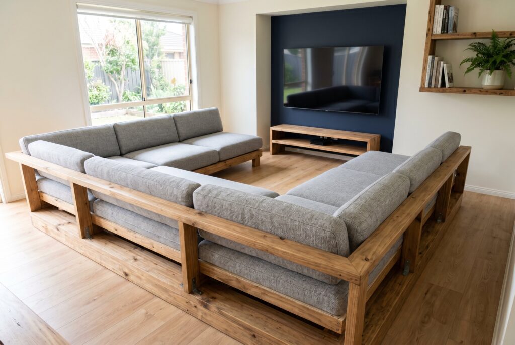 Modular U shaped lounge seating with oak frame and deep cushions.