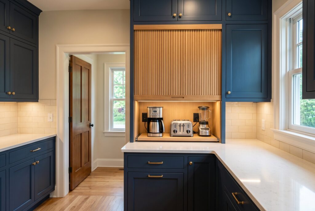 Appliance garage hiding coffee maker, toaster, and small kitchen appliances.