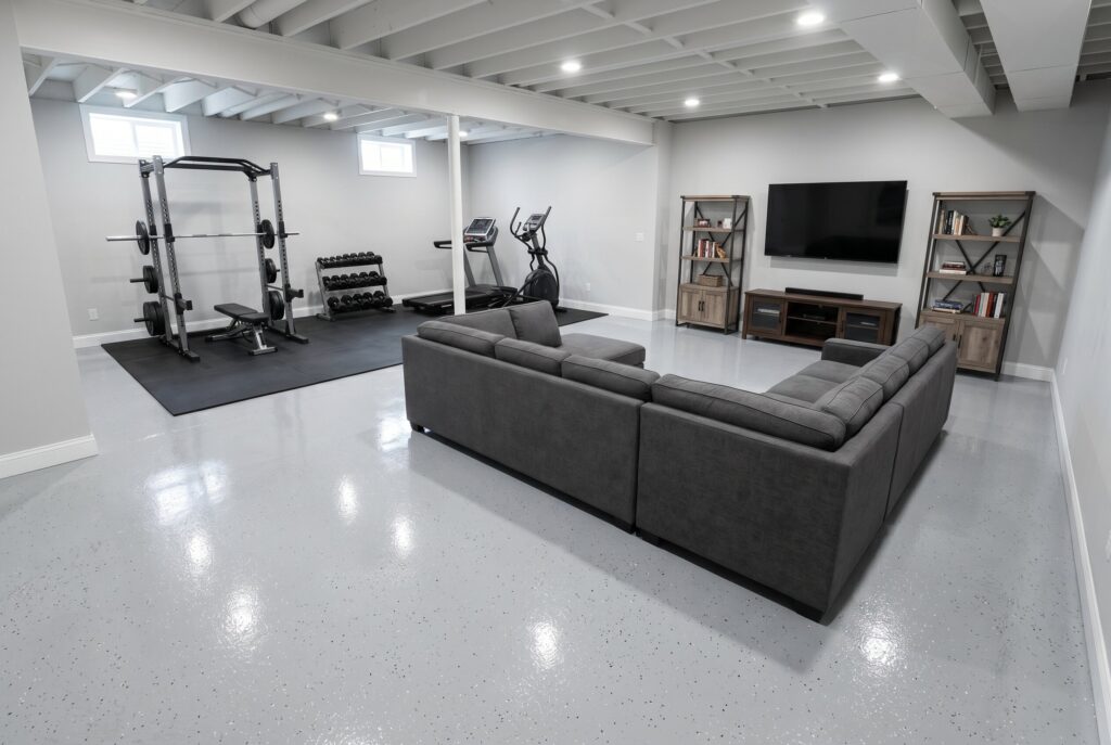 Epoxy basement flooring with sectional sofa, home gym equipment, and entertainment space.
