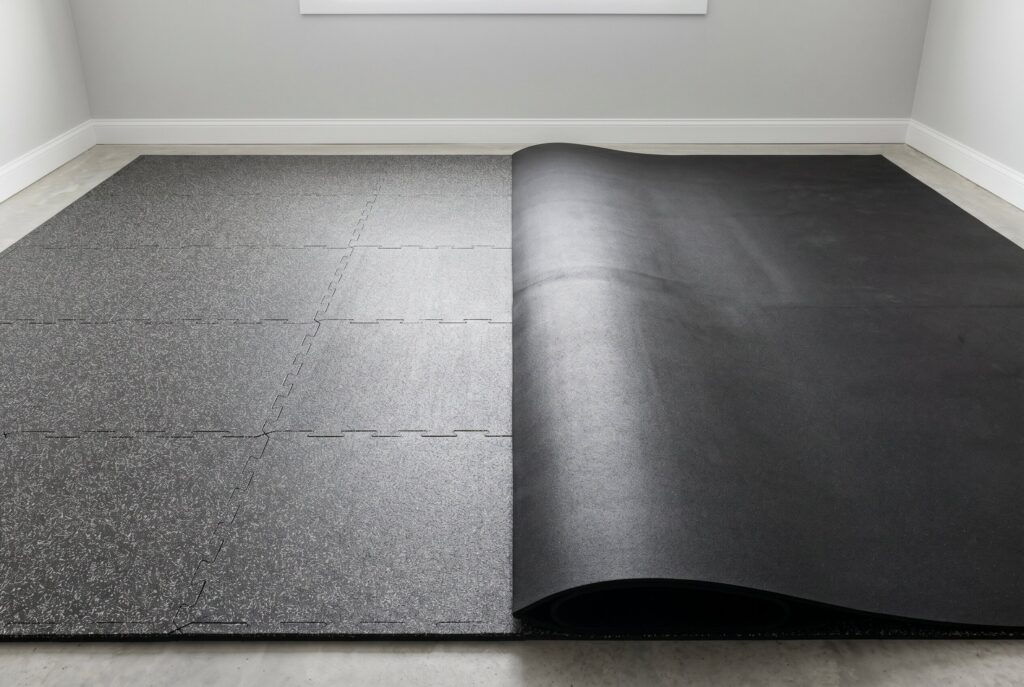 Interlocking rubber flooring tiles and rolled rubber flooring for basement gym installations.