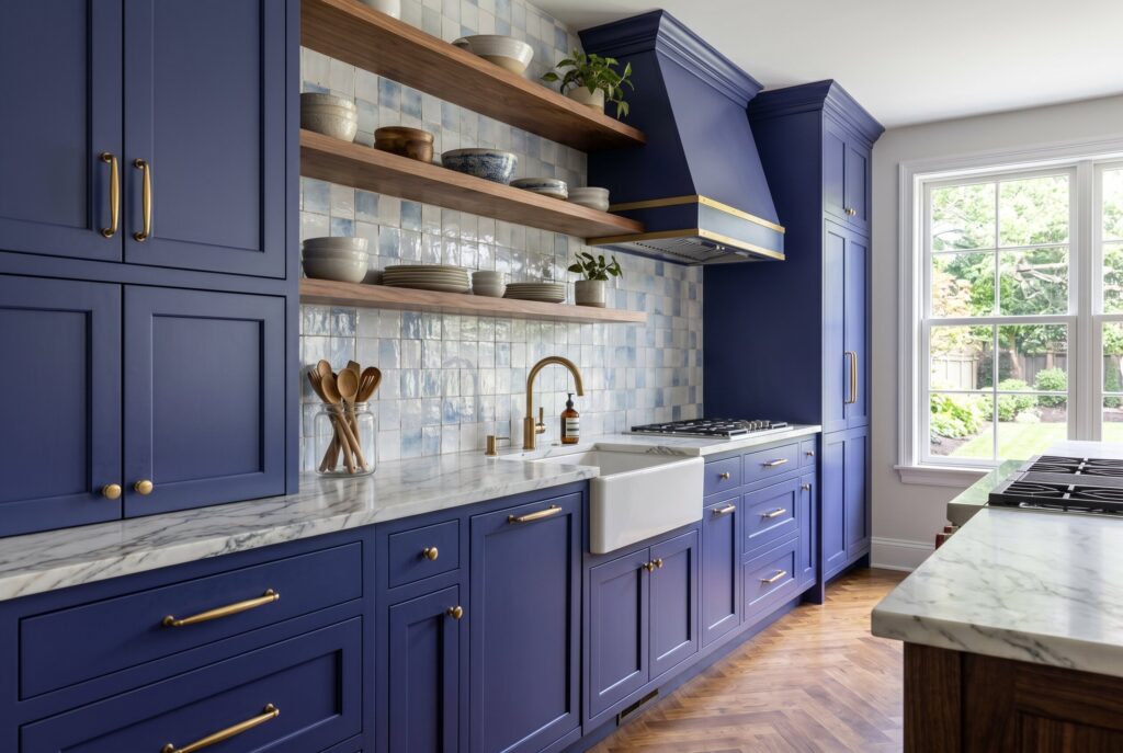 Indigo blue kitchen cabinets with walnut shelving, farmhouse sink, and dramatic marble backsplash.
