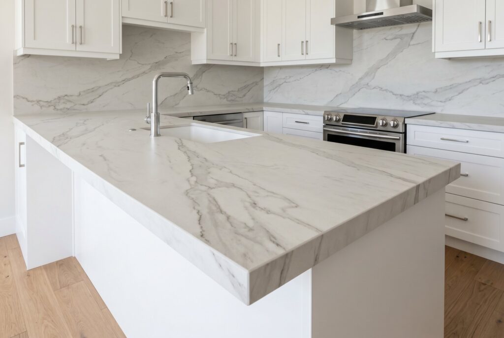 Marble look porcelain countertop with thick mitered edge and full height backsplash.