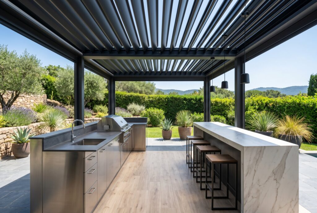 Adjustable aluminum pergola covering outdoor kitchen island and waterfall bar counter. 