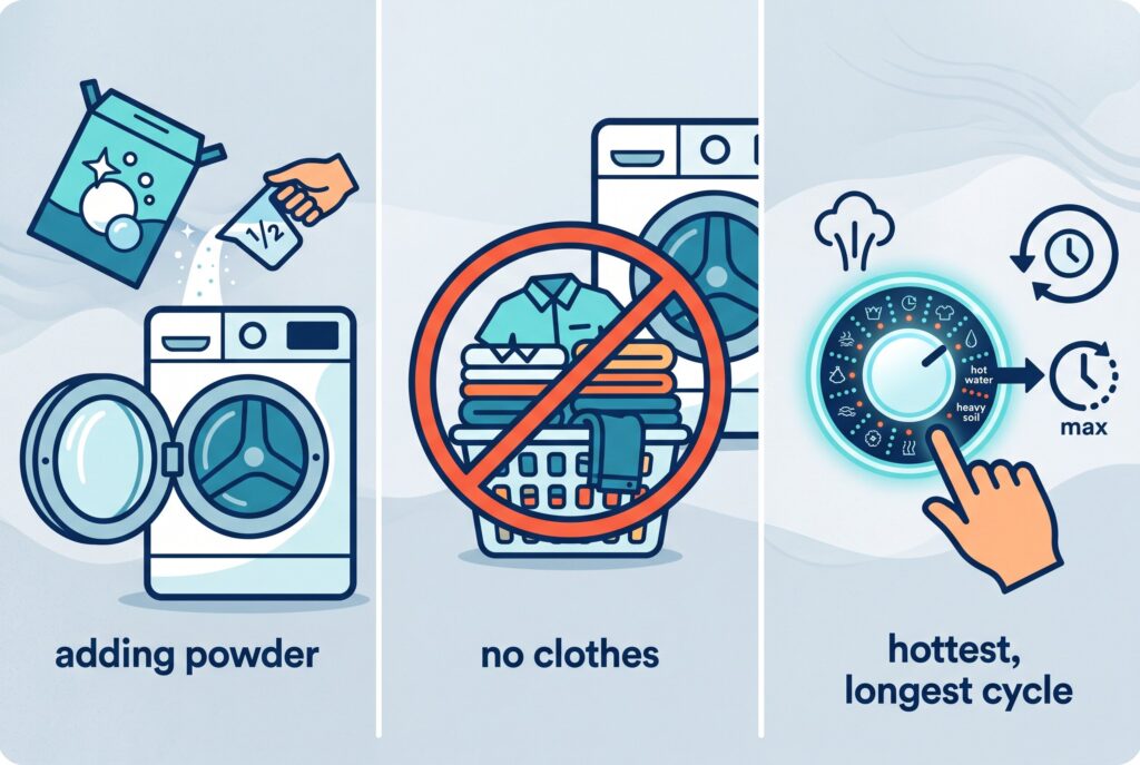 Three illustrations showing the first cleaning step: adding powder, ensuring the drum is empty, and running a hot, long cycle.