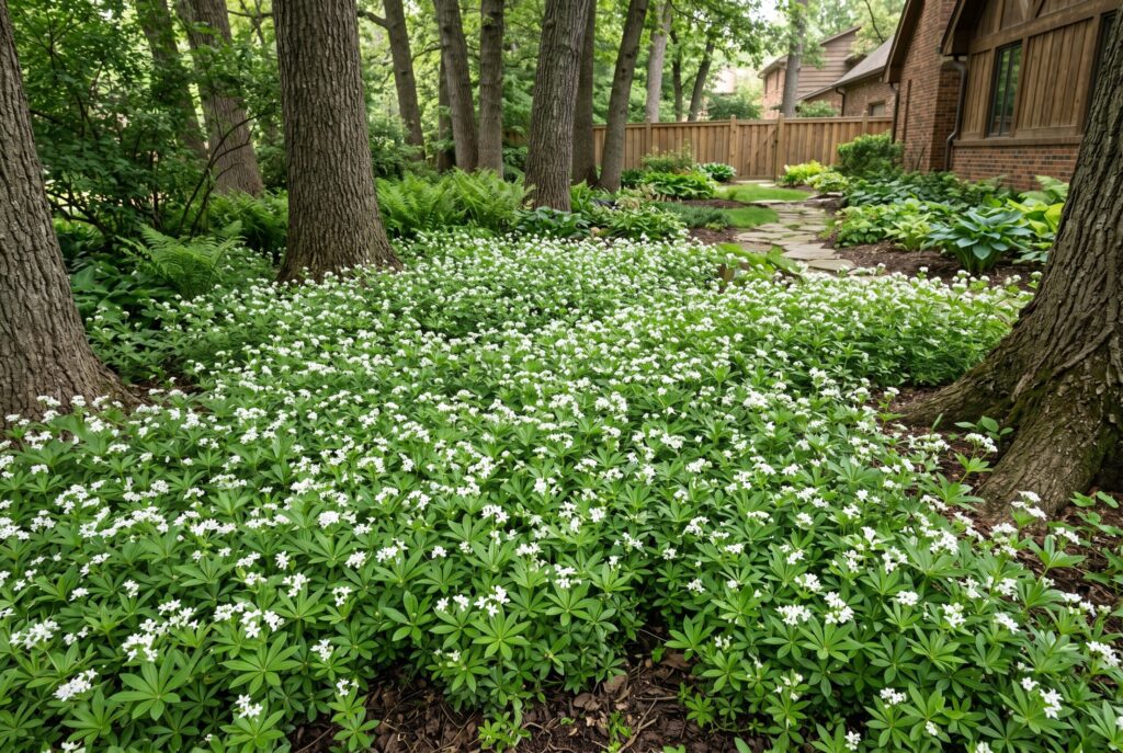 Sweet woodruff spreading into a shaded woodland carpet with delicate white spring flowers under the base of large trees.